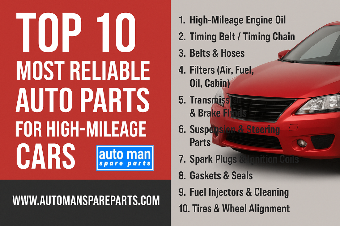 Top 10 most reliable auto parts for high-mileage cars including high-mileage engine oil, timing belt, timing chain, belts, hoses, filters, transmission fluids, suspension, spark plugs, gaskets, fuel injectors, and tires – Automan Spare Parts Singapore USA
