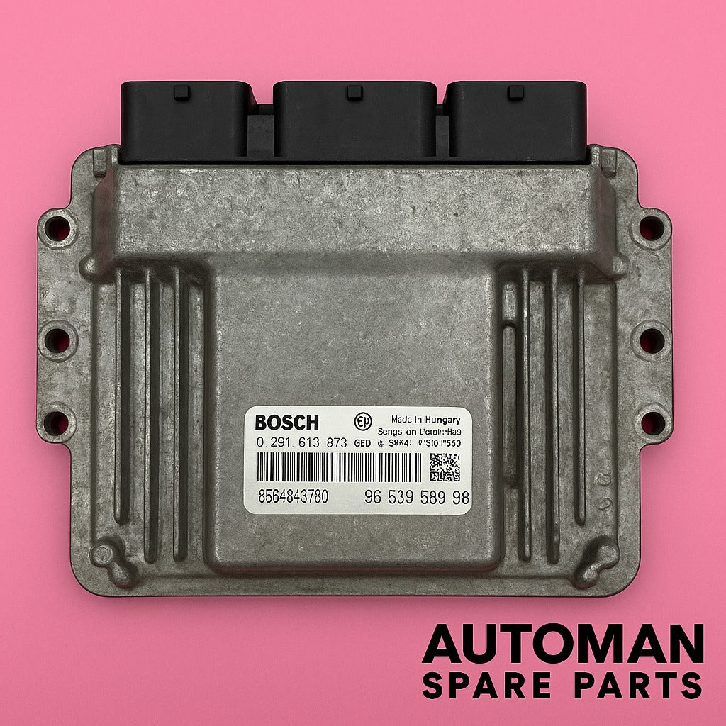 Close-up of Engine Control Unit ECU model 0281013872 with part numbers 9664843780 and 9653958980, highlighting its compact design and electronic connectors