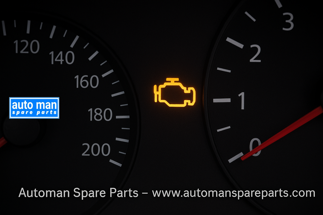 Dashboard showing illuminated check engine warning symbol, automan spare parts