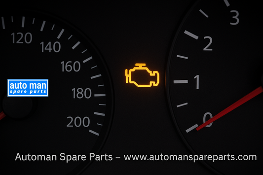 Dashboard showing illuminated check engine warning symbol, automan spare parts