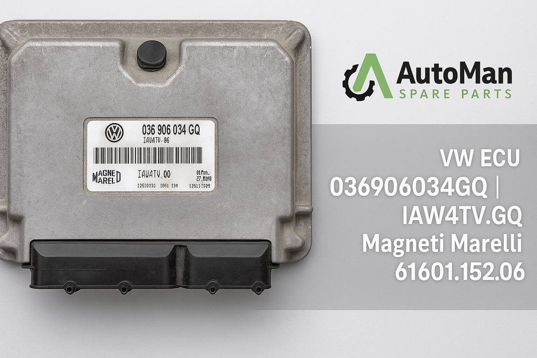 Volkswagen Engine ECU 036906034GQ IAW4TV.GQ Magneti Marelli 61601.152.06 with AutoMan Spare Parts branding, compatible with VW Polo, Lupo, Fox, SEAT Arosa, and Skoda Fabia 1.4L petrol engines.