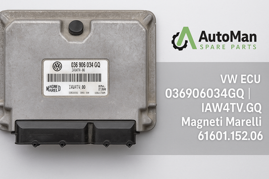 Volkswagen Engine ECU 036906034GQ IAW4TV.GQ Magneti Marelli 61601.152.06 with AutoMan Spare Parts branding, compatible with VW Polo, Lupo, Fox, SEAT Arosa, and Skoda Fabia 1.4L petrol engines.
