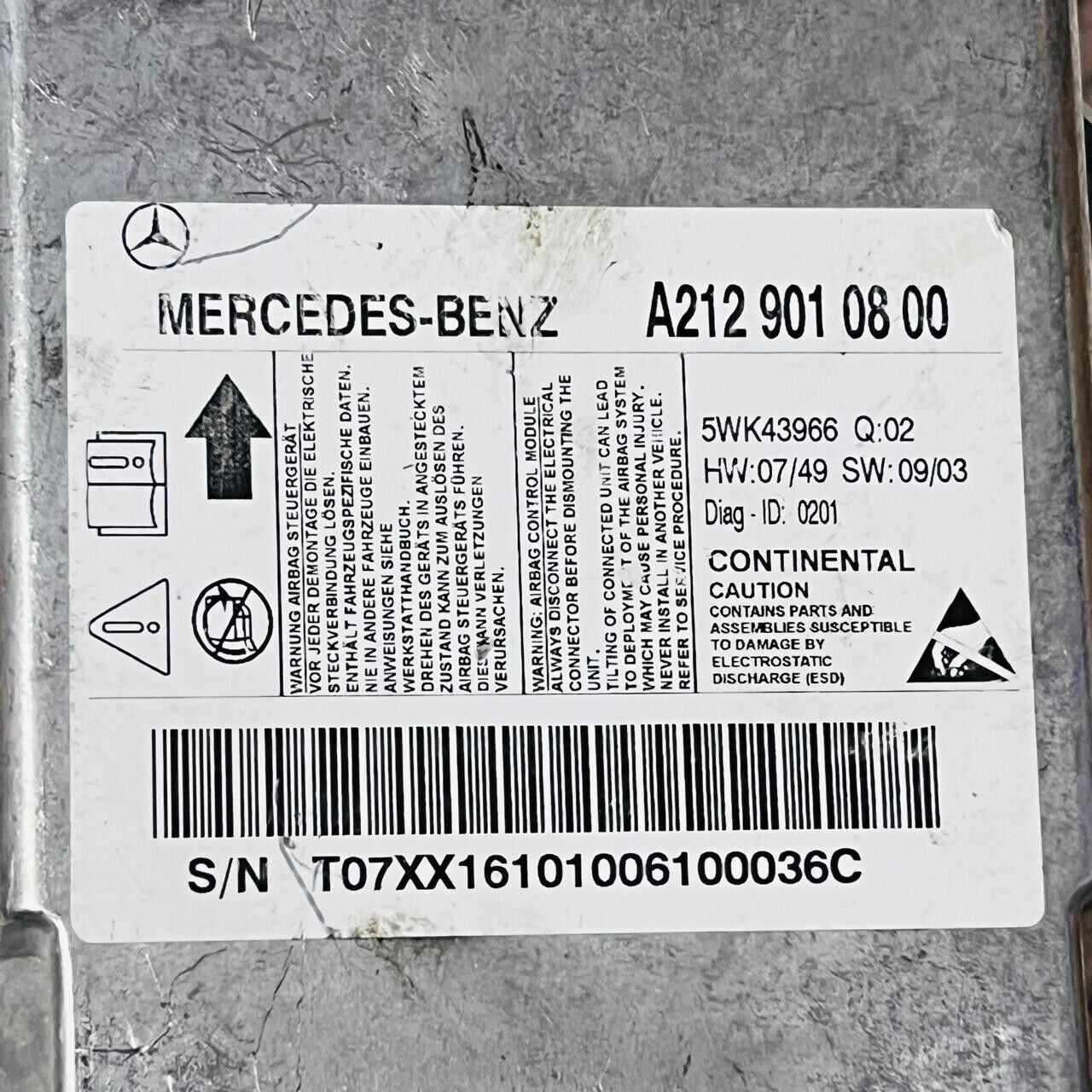 2010-2013 Mercedes-Benz E350 W212 Airbug Control Module - A2129010800 / 5WK43966