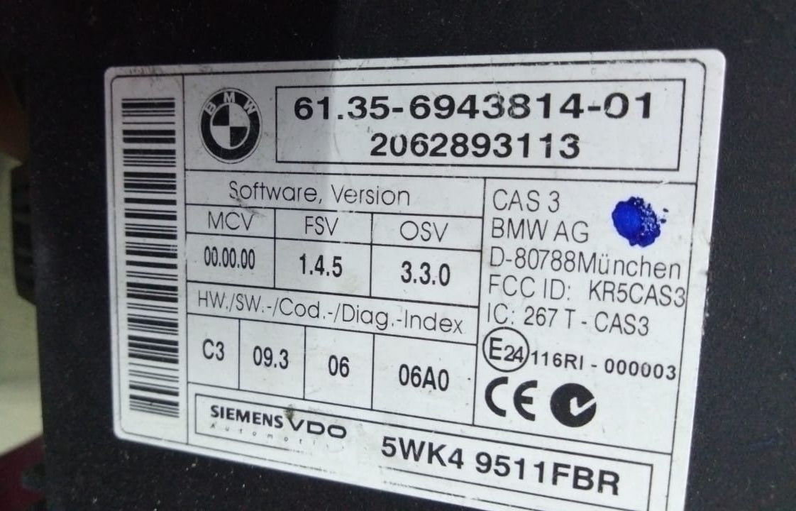 6943814 BMW 1 3 5 Series E60 E87 E90 CAS 3 ECU Control Unit Key Reading Module